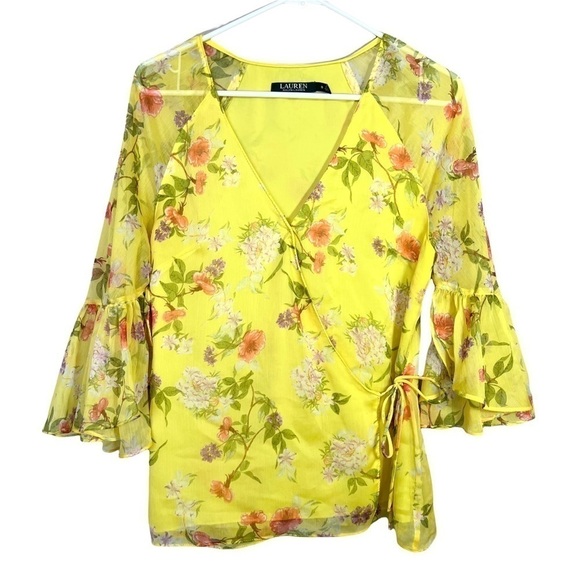 Lauren Ralph Lauren Floral Georgette Chiffon Wrap Bell Sleeve Blouse Size Small - Picture 5 of 17